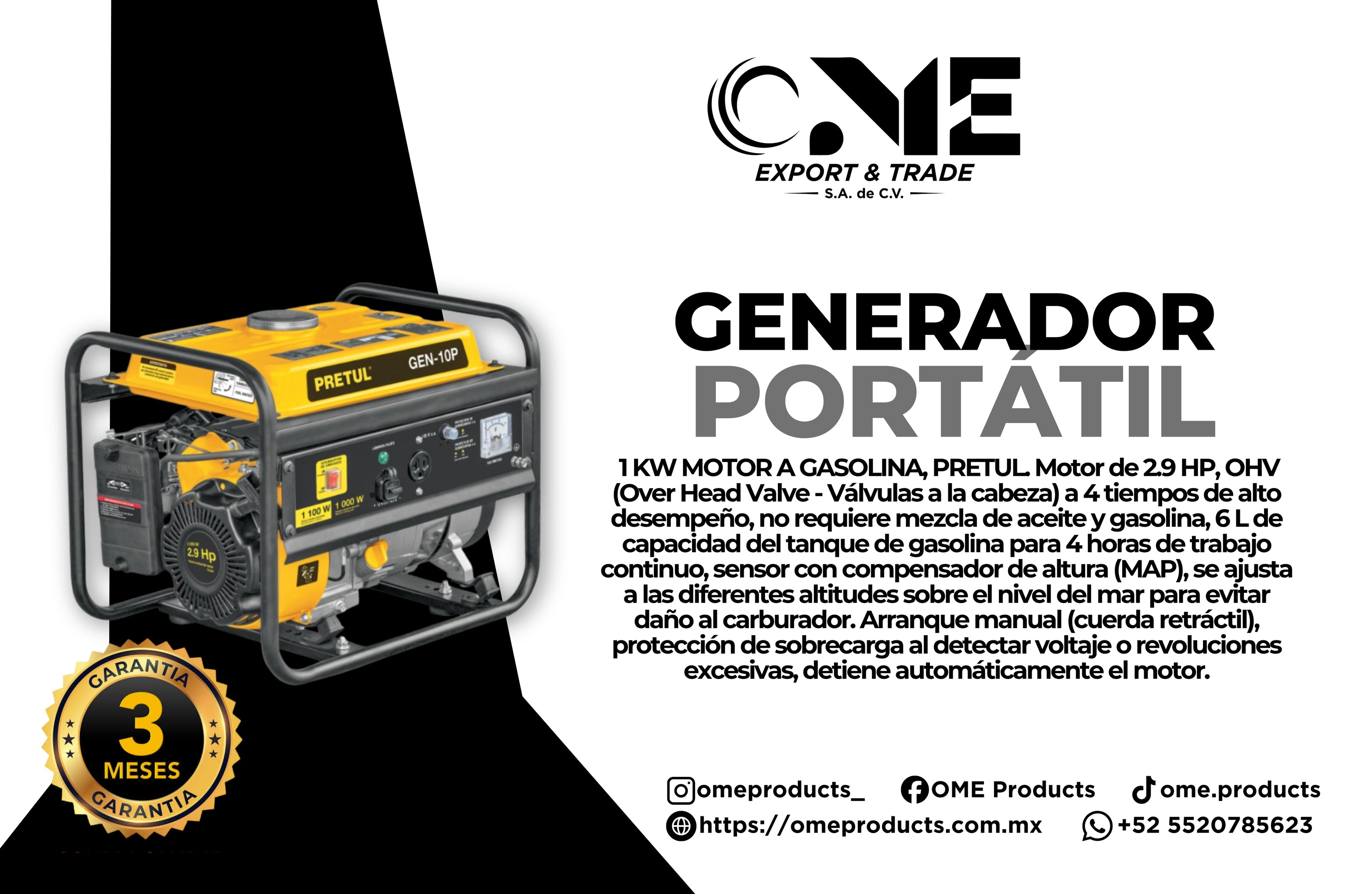 Generador portátil 1 kW motor a gasolina, PRETUL