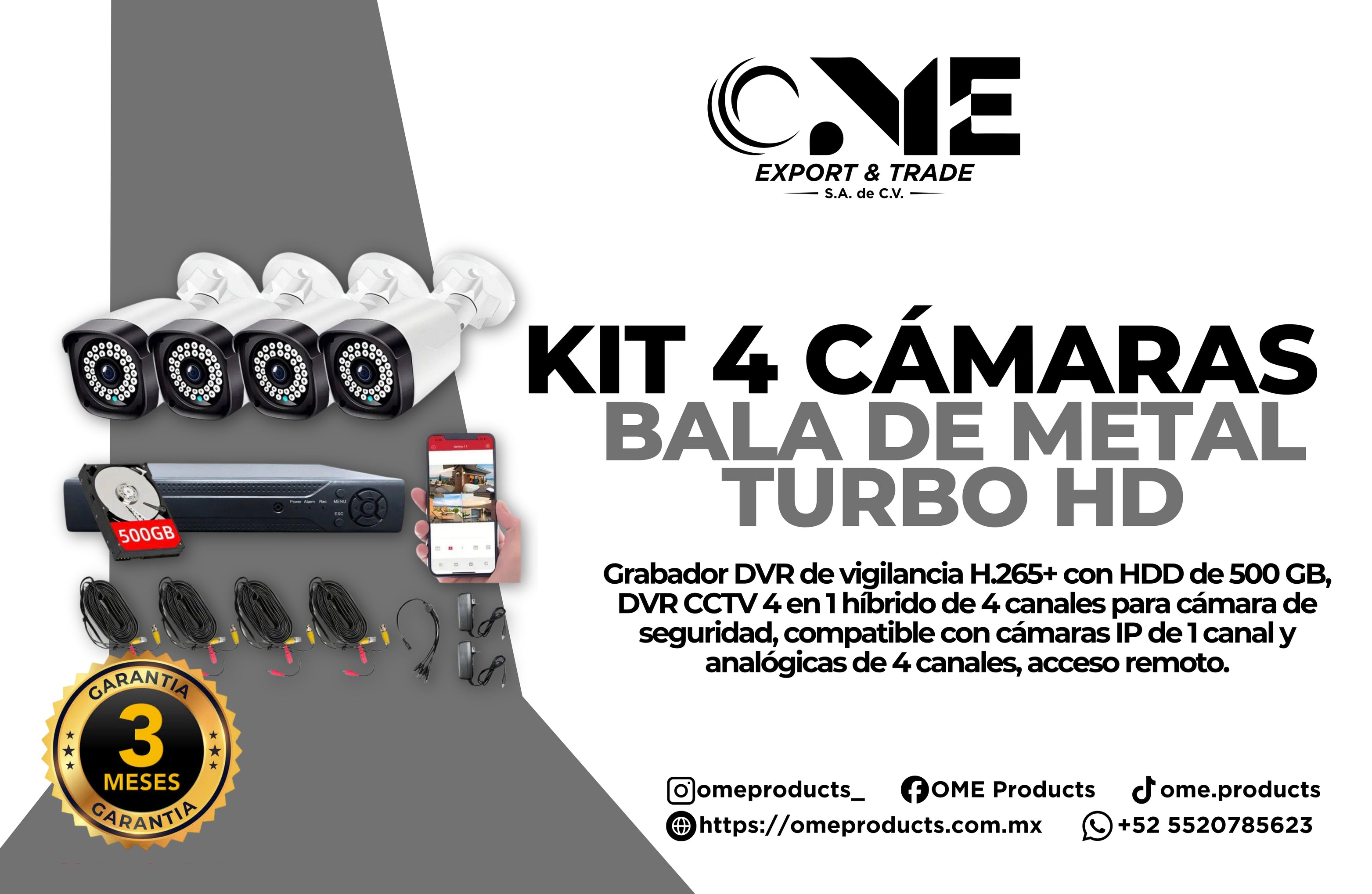 KIT 4 Cámaras Bala de Metal Turbo HD con Accesorios de Instalación