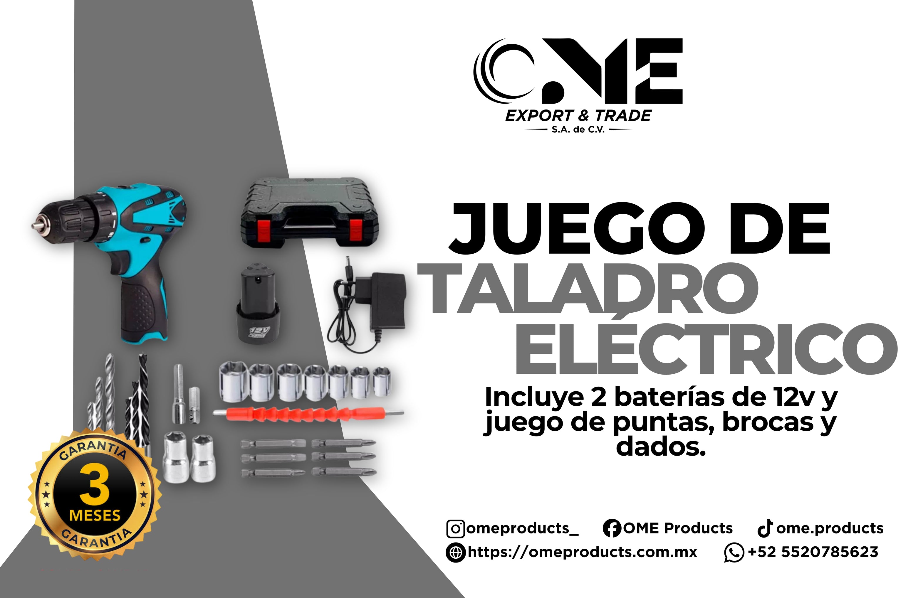 Juego De Taladro Eléctrico con 2 Baterías De 12V y Juego de Puntas, Brocas y Dados