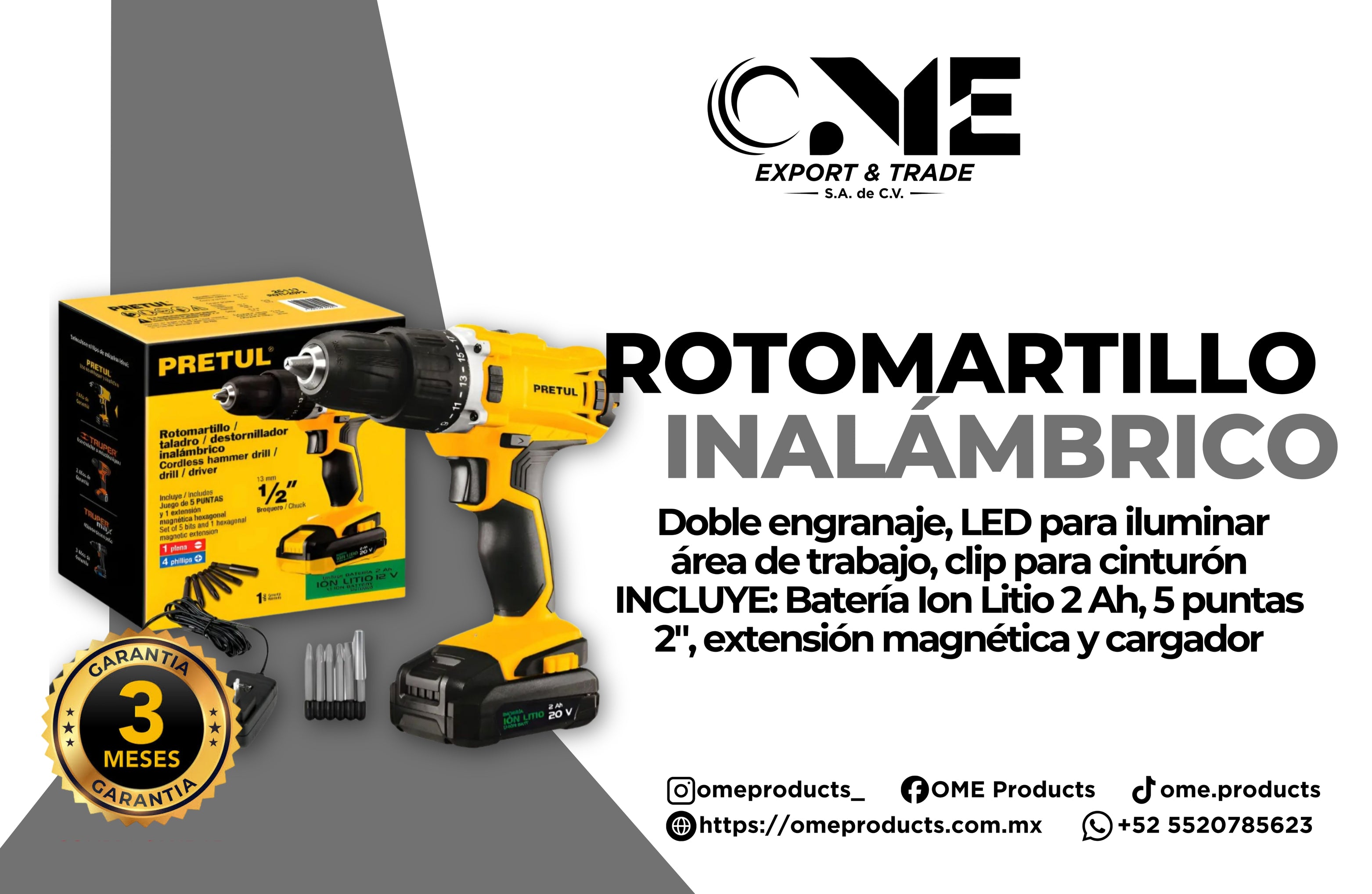 Rotomartillo Inalámbrico 1/2'', Batería 20v, Pretul Amarillo