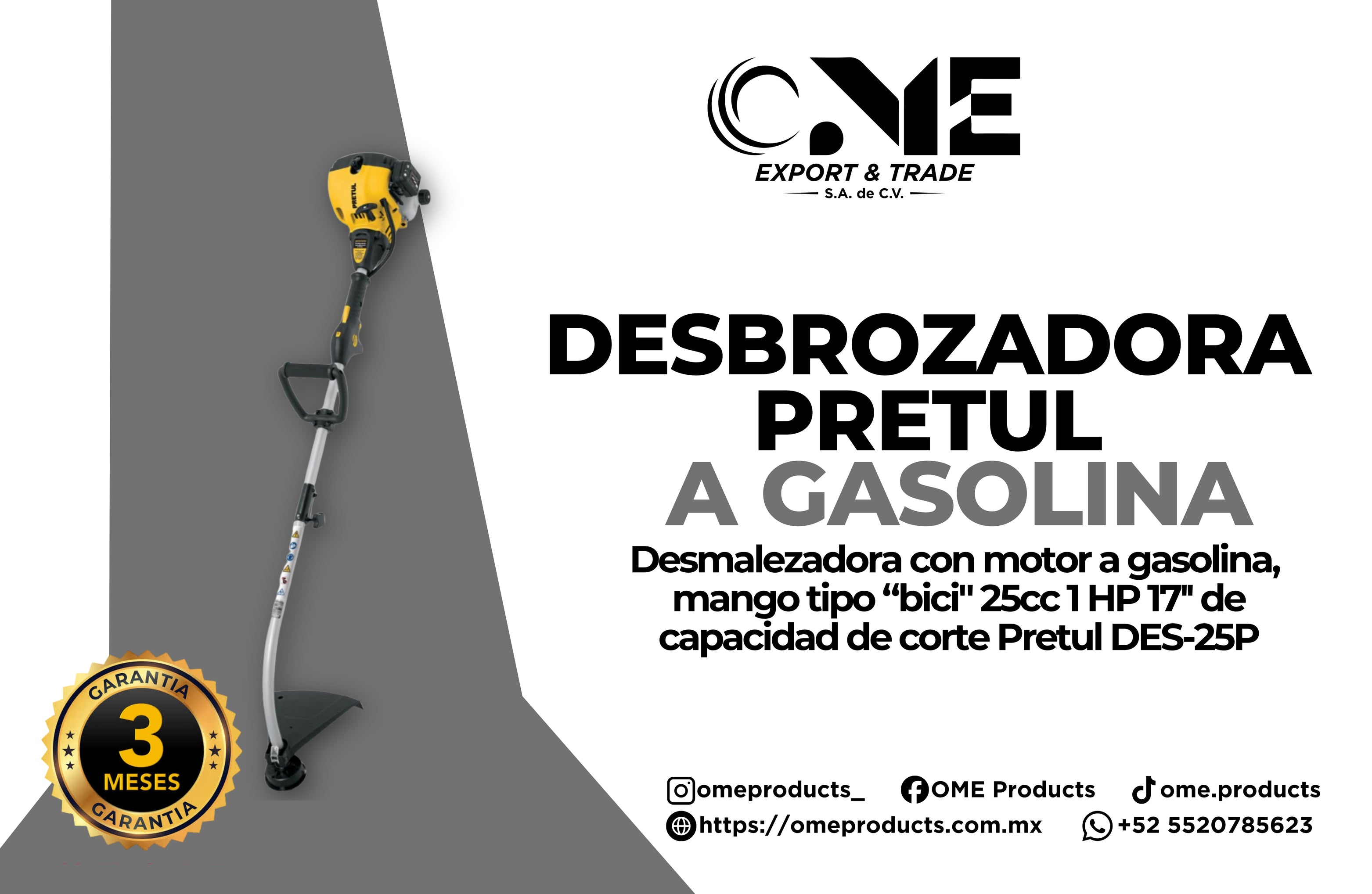 Desbrozadora A Gasolina 25Cc Mango Tipo 'D'17'Corte Curva DES-25P Pretul