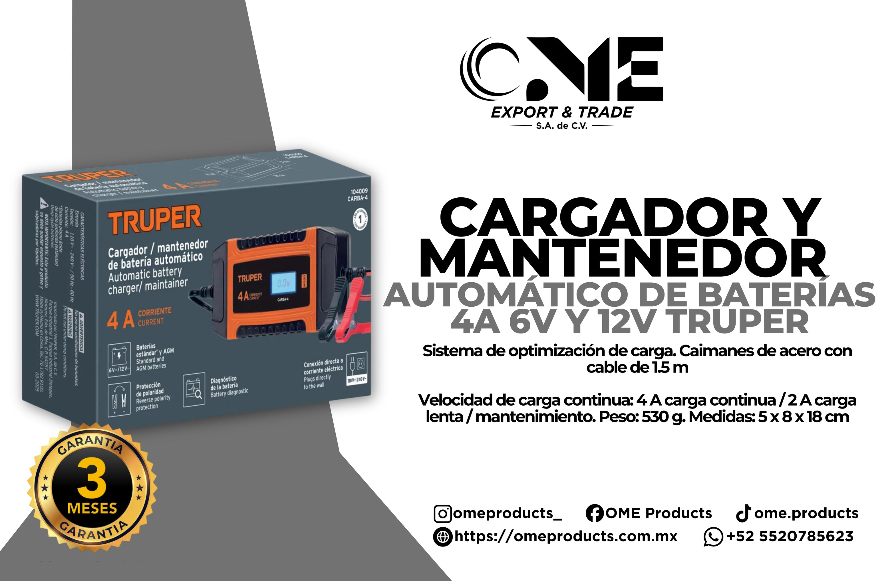 Cargador Y Mantenedor Automático De Baterías 4 A, 6v Y 12v TRUPER