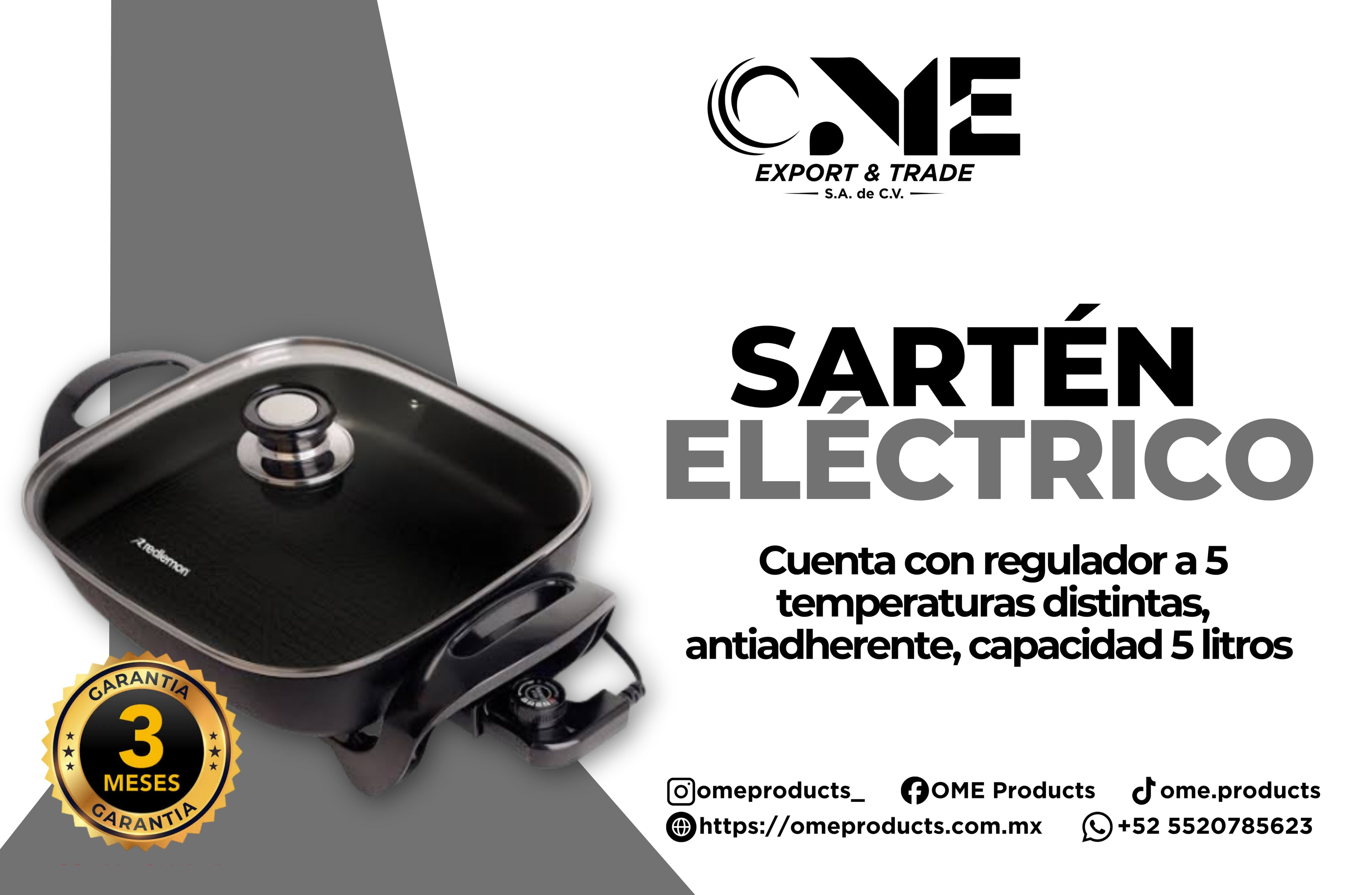 Sartén Eléctrico 5L Negro Temperatura Ajustable