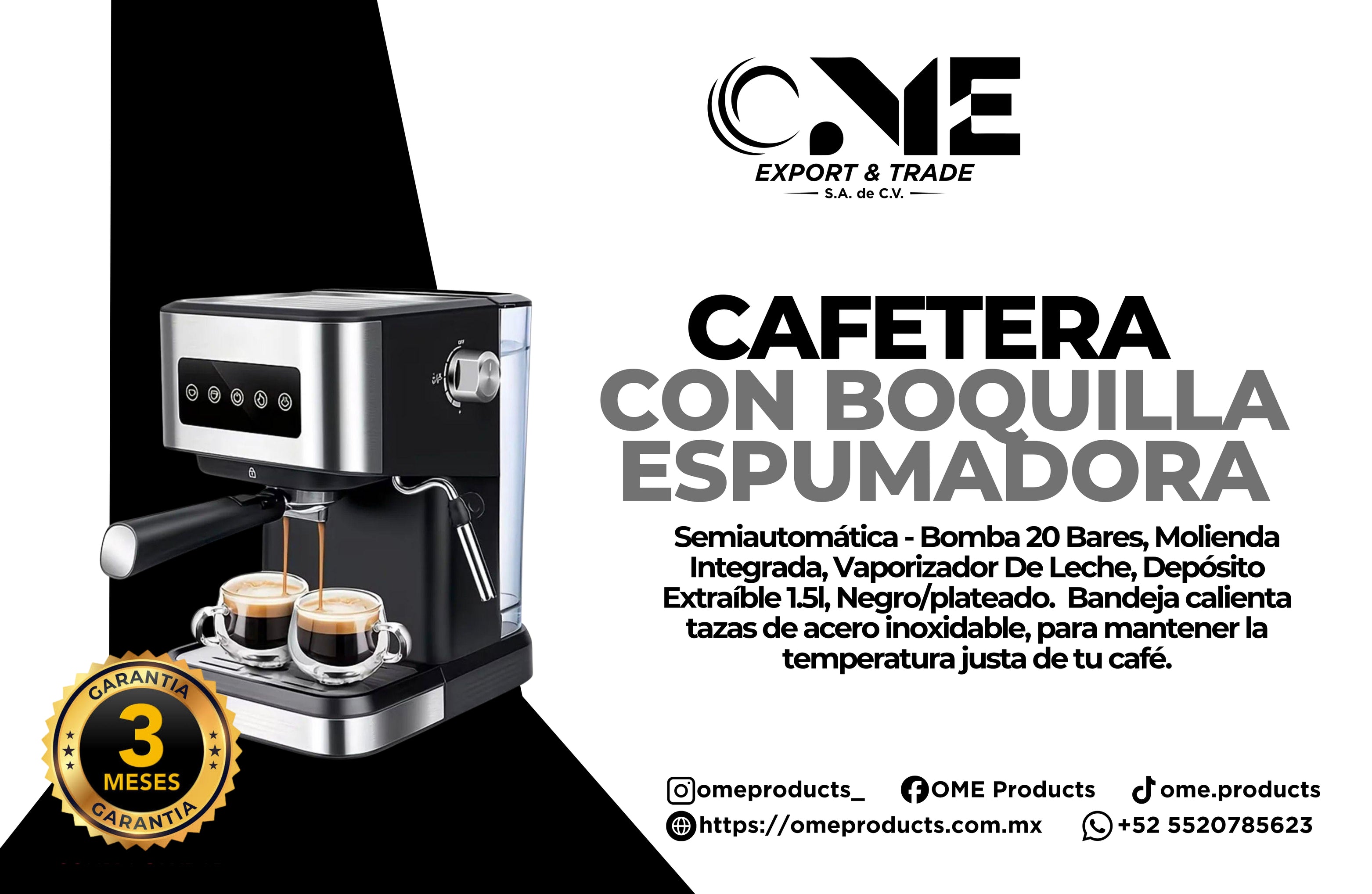 Cafetera 1.5L 2 tazas con boquilla espumadora