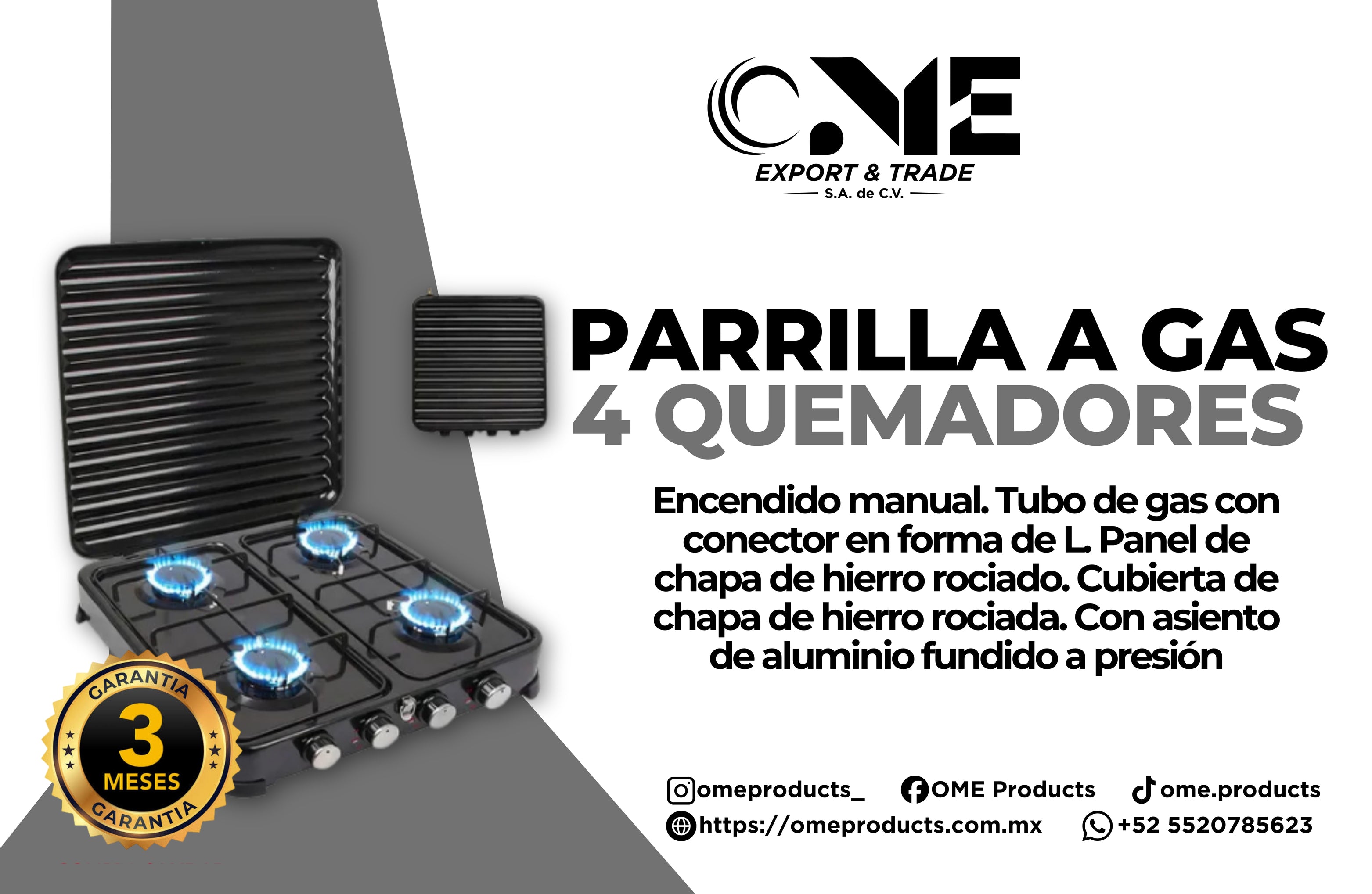 ESTUFA PARRILLA A GAS SOBREPONER 4 QUEMADORES CON TAPA